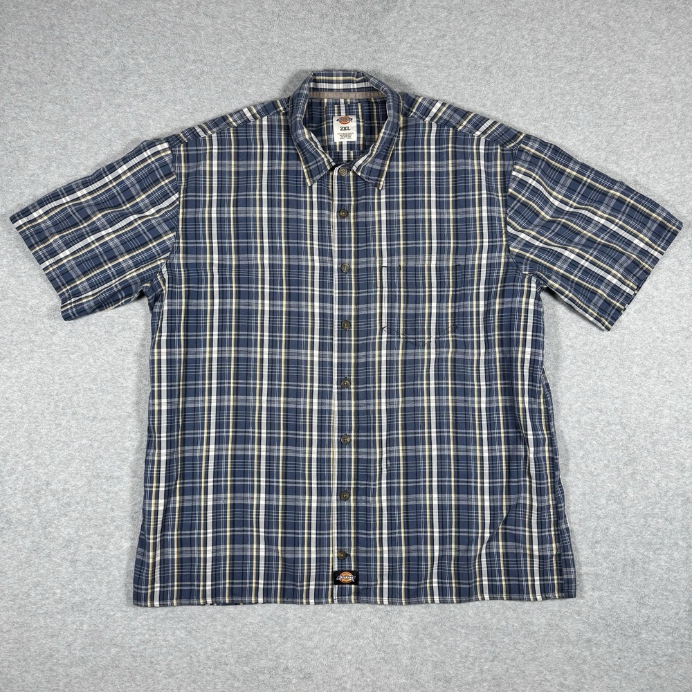 Dickies Plaid Short Sleeve Button Up Work Shirt Men's 2XL Blue Cotton Blend